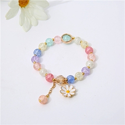 Colorful Glass Round Beaded Stretch Bracelets, with Alloy Enamel Daisy Flower Charms, Colorful, Inner Diameter: 2-3/8 inch(6cm)