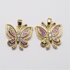 Golden Brass Micro Pave Cubic Zirconia Pendants, with Synthetic Opal, Butterfly, Cadmium Free & Lead Free, Golden, 24x23x4mm, Hole: 3x5mm