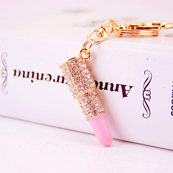 Pink Crystal Rhinestone Lipstick Keychains, with Enamel, KC Gold Plated Alloy Charm Keychain, Pink, 11cm