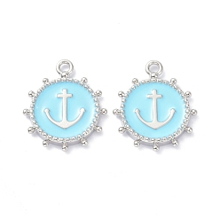 Cyan Eco-Friendly Stainless Steel Enamel Pendants, Platinum, Long-Lasting Plated, Flat Round with Anchor, Cyan, 20x16.5x2.2mm, Hole: 1.9mm