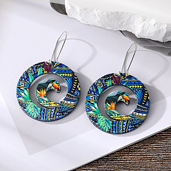 Colorful Bird (AC9 Silver) Geometric Circle Acrylic Earrings with Black and White Checkered Bird Pattern, Ethnic Style Ear Drops Jewelry.