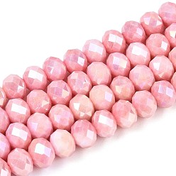 Светло-Коралловый Антикоррозийные гальванические стеклянные бусины рондель, имитация драгоценных камней, с покрытием AB цвета, граненые, свет коралловый, 8x5.5~6 мм, отверстие : 1~1.2 мм, около 60~61 шт / нитка, 14.96~15.16'' (38~38.5 см)