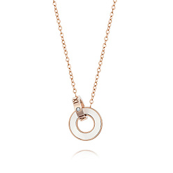 Rose Gold Roman Numerals Natual Shell Interlocking Rings Pendant Necklace with Stainless Steel Cable Chains, Rose Gold, Pendant: 13.6mm