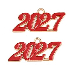 Красный Подвески из эмали и сплава, число 2027 прелести, золотые, красные, 18x38x1.5 мм, отверстие : 2.5 мм