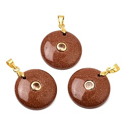 Goldstone Synthetic Goldstone Pendants, Coin Charms with Brass Pave Cubic Zirconia Findings, Golden, 27x21x5mm, Hole: 4x3.5mm
