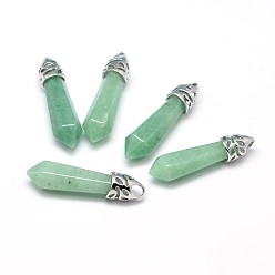 Green Aventurine Bullet Platinum Plated Alloy Natural Green Aventurine Pointed Pendants, Cadmium Free & Lead Free, 33~40x8~9mm, Hole: 3x4mm