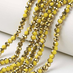 Yellow Electroplate Opaque Glass Beads Strands, Half Golden Plated, Faceted, Rondelle, Yellow, 6x5mm, Hole: 1mm, about 92~94pcs/strand, 17~17.5 inch(42.5~43.75cm)