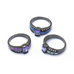 Gunmetal Cubic Zirconia Finger Rings, with Synthetic Opal and Brass Findings, Long-Lasting Plated, Oval, Size 7, Mauve, Gunmetal, 17.5mm