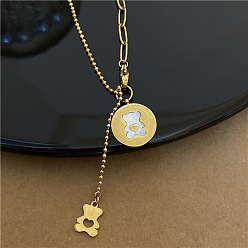 Round little bear Stainless Steel Titanium Bear Necklace White Shell Sweater Couple Necklace