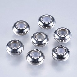 Stainless Steel Color 201 Stainless Steel Beads, with Plastic, Slider Beads, Stopper Beads, Rondelle, Stainless Steel Color, 7x3.5mm, Hole: 1mm