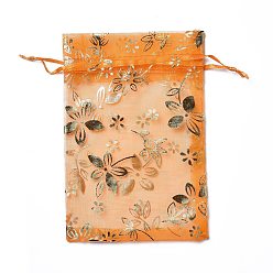 Orange Pochettes à bijoux en organza avec cordon de serrage, sacs-cadeaux de fête de mariage, rectangle avec motif de fleurs estampé d'or, orange, 15x10x0.11 cm