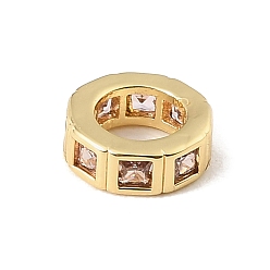 Sandy Brown Brass Pave Cubic Zirconia European Beads, Flat Round, Large Hole Beads, Rack Plating, Long-Lasting Plated, Lead Free & Cadmium Free, Real 18K Gold Plated, Sandy Brown, 8.5x3mm, Hole: 5mm