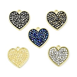 Mixed Color Rhinestone Pendants, with Light Gold Plated Brass Findings, Heart, Cadmium Free & Lead Free, Mixed Color, 19x19x3mm, Hole: 1.8mm