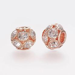 Crystal Brass Beads, with Grade A Rhinestone, Rondelle, Rose Gold, Crystal, 14x12mm, Hole: 4.8mm