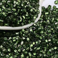 Dark Green Glass Seed Beads, Silver Lined, Square, Dark Green, 3~3.5x2.5~3x2.5~3mm, Hole: 1mm, about 10714pcs/pound
