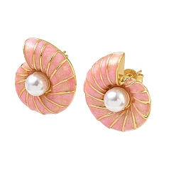 Pink Pendientes de botón de latón esmaltado para mujer, la forma de la concha, con perlas de imitación de plástico abs, larga duración plateado, chapado en rack, sin plomo y el cadmio, dorado, rosa, 19.5x19 mm