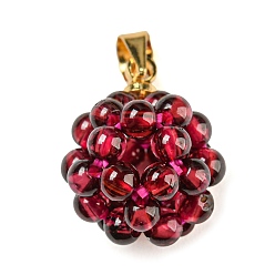Garnet Natural Garnet Pendants, Round Cluster Charms with Golden Plated Alloy Snap on Bails and Elastic Rope, 16x12.5mm, Hole: 3.5x4mm