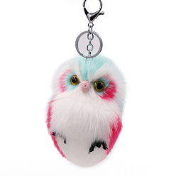 Pale Turquoise Imitation Rabbit Fur Owl Pendant Keychain, with Random Color Eyes, Cute Animal Plush Keychain, for Key Bag Car Pendant Decoration, Pale Turquoise, 15x8cm