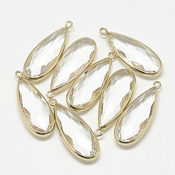 Clear Glass Pendants, with Golden Tone Brass Findings, Faceted, teardrop, Clear, 36.5x14x6mm, Hole: 1.5mm