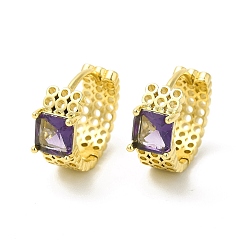 Средний Фиолетовый Стеклянные квадратные серьги-кольца, настоящие позолоченные украшения из латуни для женщин, без кадмия, без никеля и без свинца, средне фиолетовый, 18 мм, штифты : 15x18x6.5 мм
