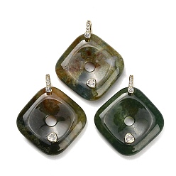 Indian Agate Natural Indian Agate Pendants, Rhombus Charms, with Brass Pave Cubic Zirconia Findings, Golden, 35~35.5x35~35.5x8~8.5mm, Hole: 5x6mm