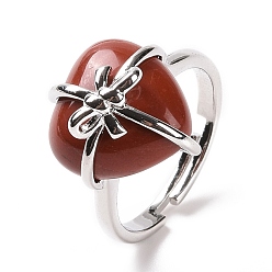 Красный Камень Сердце из натуральной красной яшмы с регулируемым кольцом с бантом, украшения из латунной проволоки для женщин, без кадмия и без свинца, платина, размер США 7 1/4~13 (17.5~22.3 мм)