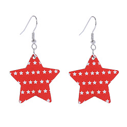 Star Independence Day Printed Wooden Dangle Earrings for Women, Red, Star Pattern, 50x30mm