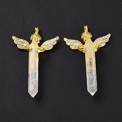 Quartz Crystal Natural Quartz Crystal Faceted Double Terminal Pointed Big Pendants, Rock Crystal, Angel Charms, with Golden Tone Brass Findings, 54~56x34~36x11~12mm, Hole: 3mm