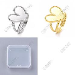 Golden & Stainless Steel Color 8Pcs 2 Colors 304 Stainless Steel Open Cuff Ring Findings, Ring Setting, Heart, Golden & Stainless Steel Color, Heart Tray: 16x16mm, US Size 7 1/4(17.5mm), 4pcs/color