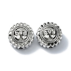 Antique Silver Tibetan Style Alloy Beads, Flat Round with Bowknot, Antique Silver, 13x8mm, Hole: 1.6mm, about 138pcs/500g