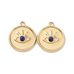 Lapis Lazuli Natural Lapis Lazuli Pendants, with Ion Plating(IP) Real 18K Gold Plated 304 Stainless Steel Findings, Flat Round Charm with Eyes, 21x18.5x3mm, Hole: 2.5mm