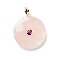 Розовый Кварц Ограненные подвески из натурального розового кварца, плоские круглые прелести, с покрытием из золотистой латуни с микропаве из кубических цирконий, 32.5~33x25~25.5x7~7.5 мм, отверстие : 4 мм