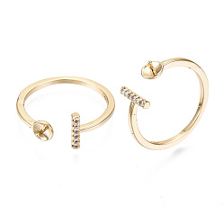 Real 18K Gold Plated Brass Micro Clear Cubic Zirconia Cuff Finger Rings Setting, for Half Drilled Bead, Nickel Free, Real 18K Gold Plated, US Size 8(18.1mm), Pin: 0.8mm(for half drilled beads)