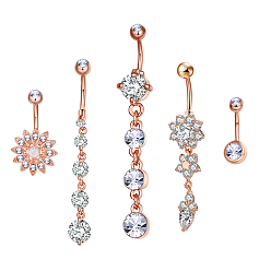 Rose Gold Brass Piercing Jewelry, Belly Rings, with Glass Rhinestone, Mixed Shapes, Rose Gold, 23~64mm, bar: 15 Gauge(1.5mm), 5pcs/set, bar length: 3/8"(10mm)~9/16"(14mm)