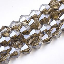 Dark Khaki Electroplate Glass Beads Strands, Pearl Luster Plated, Faceted, Bicone, Dark Khaki, 6x5.5~6mm, Hole: 1mm, about 44~47pcs/strand, 11.02 inch