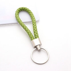 Yellow Green Handwoven Imitation Leather Keychain, with Metal Car Key Ring Chain Accessories Gift for Men and Women, Yellow Green, 122x30mm