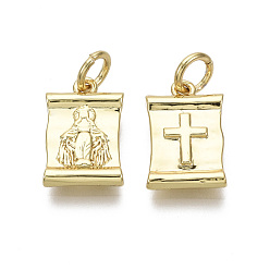 Real 18K Gold Plated Brass Charms, with Jump Ring, Nickel Free, Rectangle with Virgin Mary & Cross, Real 18K Gold Plated, 14x9x2.5mm, Hole: 3mm