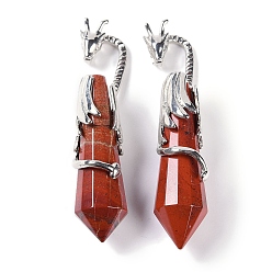 Красный Камень Натуральная красная яшма, граненая заостренная пуля, большие подвески, стойка с латунными подвесками в виде дракона, без свинца и без кадмия, платина, 73.5~78.5x15.5~16.5x15.5~16.5 мм, отверстие : 4x2.5 мм