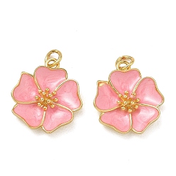 Golden Brass Enamel Pendants, Flower Charms, Rack Plating, Long-Lasting Plated, Cadmium Free & Lead Free, Golden, 20x18x3.8mm, Hole: 3mm