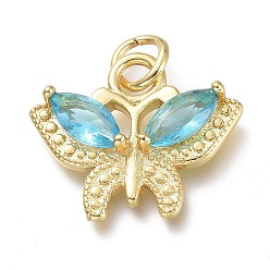 Light Sky Blue Brass Micro Pave Cubic Zirconia Pendants, with Jump Rings, Butterfly, Real 18K Gold Plated, Light Sky Blue, 16x19x4mm, Hole: 4.6mm