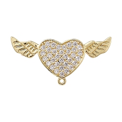 Настоящее золото 18K Брошь из латуни с прозрачным фианитом, с петлями, сердце с ангелом крыла, реальный 18 k позолоченный, 34x16x6.5 мм, отверстие : 1.2 мм