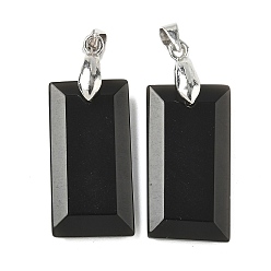 Обсидиан Ограненные подвески из натурального обсидиана, прямоугольные подвески с латунными дужками платинового оттенка, 25x13x4 мм, отверстие : 5x4 мм