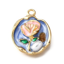 Васильковый Подвески из эмали и сплава, с имитацией АБС-жемчуга и блестящей пудрой, плоские круглые с цветком, стойки покрытие, долговечный, без свинца, без кадмии и без никеля, золотые, васильковый, 23.5x19.5x6 мм, отверстие : 1.8 мм
