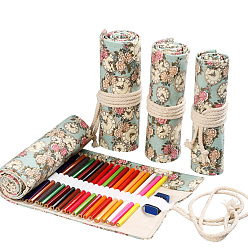 Clock Pattern Handmade Canvas Pencil Roll Wrap, 24 Holes Roll Up Pencil Case for Coloring Pencil Holder, Clock Pattern, 34x20cm