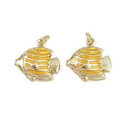 Желтый Латунные эмалевые подвески-рыбки, прелести морских животных, с прыжковых колец, золотые, стойки покрытие, без кадмия и без свинца, долговечный, желтые, 18x17.5x6 мм, отверстие : 3.4 мм