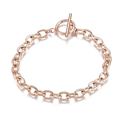 Rose Gold Unisex 304 Stainless Steel Cable Chain Bracelets, with Toggle Clasps, Rose Gold, 7-5/8 inch(19.4cm), 5mm