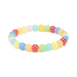Colorful Imitation Jade Acrylic Round Beaded Stretch Bracelet for Women, Colorful, Inner Diameter: 2-1/8 inch(5.3cm), Bead: 8mm