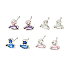 Mixed Color Platinum Brass Horse Eye Stud Earrings, with Cubic Zirconia, Long-Lasting Plated, Lead Free & Cadmium Free, Mixed Color, 7x6.5mm