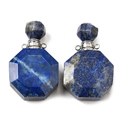 Ляпис-Лазурь Подвески для флаконов духов из натурального лазурита, с 304 фурнитурой из нержавеющей стали, граненые, восьмиугольные прелести, цвет нержавеющей стали, 39~40x24~25x11~12 мм, отверстие : 1.8 мм