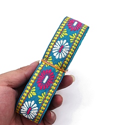 Sky Blue 6.5M Ethnic Style Flat Embroidery Polyester Ribbons, Jacquard Ribbon, Garment Accessories, Flower Pattern, Sky Blue, 1-1/4 inch(33mm), about 7.11 Yards(6.5m)/Bundle